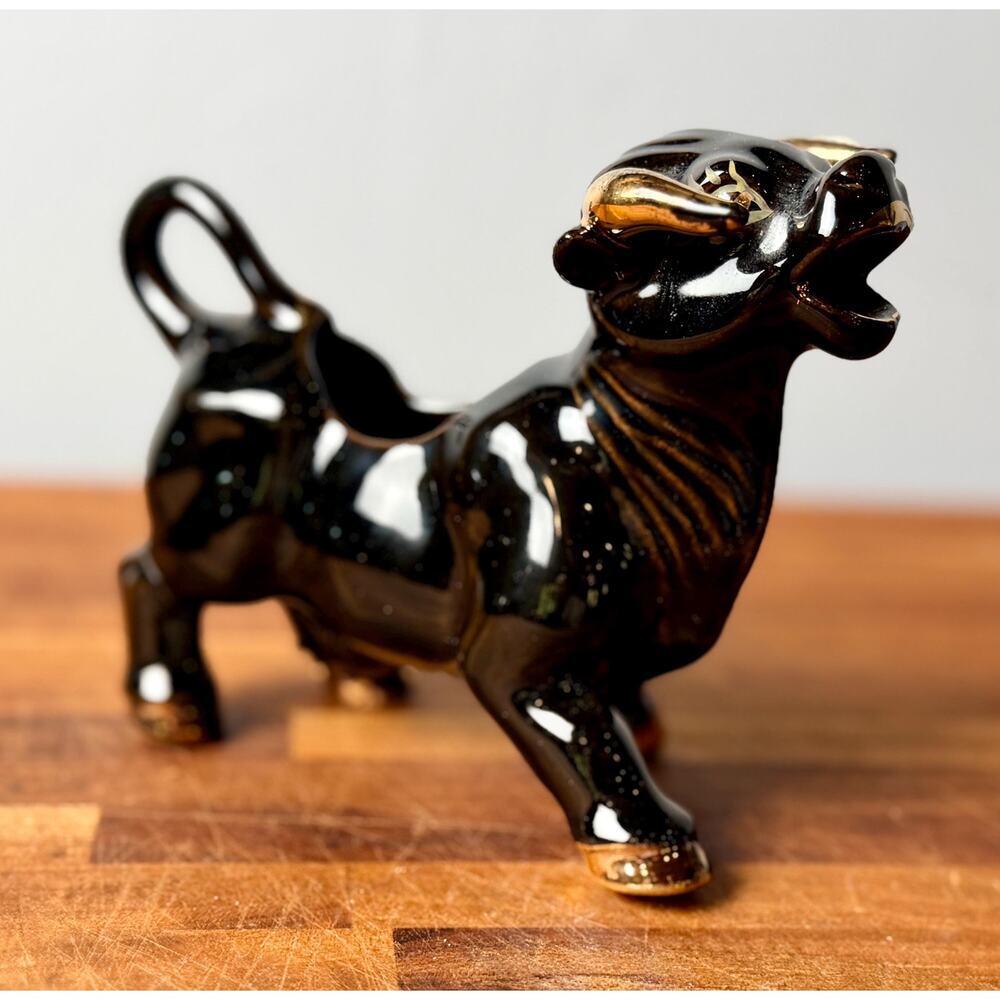 Vintage 1950s Black Bull Creamer | Gold Accents, Mid-Century Ceramic Pitcher - Picture 12 of 15